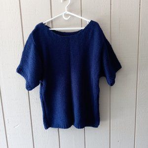 ladies long blue knitted sweater, short sleeve, size XL